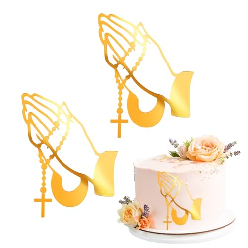 TZQFROCE 2 Stück Kuchendeko Kreuz Gold Tortendeko Kommunion Gold Acryl Torte Deko Tortendeko Taufe Cake Topper Kommunion Gefaltete Hände Cake Topper für Taufe Hochzeit Babyparty Kommunion von TZQFROCE