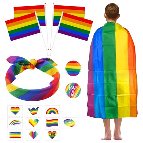 TZQFROCE Gay Pride Accessoire 17 Stück LGBTQ Accessoires Regenbogen Umhang Flagge LGBT Regenbogen Stirnband Pride Abzeichen für Gay Pride Festivals Feierlichkeiten Parade Partydeko von TZQFROCE