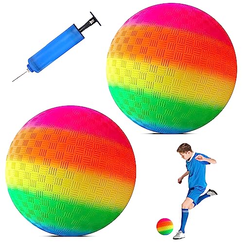 TZQFROCE 2 Stück Bouncy Kickball Regenbogen Ball PVC 8.5 Zoll Softball Kinder Spielball mit Pumpe für Backyard Park und Beach Outdoor Fun von TZQFROCE