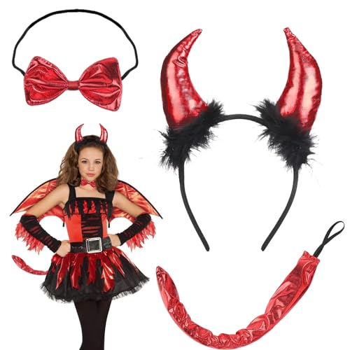 TZQFROCE 3tlg Teufelshörner Haarreif Set Halloween Teufel Ohren Haarband Teufelshörner Fliege Teufelsschwanz Teufelshörner Kostüm Set Devil Haarschmuck für Halloween Karneval Cosplay Party von TZQFROCE