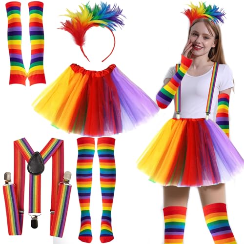 TZQFROCE Regenbogen Kostüm Damen Karneval Tüllrock Bunt Damen mit Riemen Regenbogen Kniestrümpfe Bunte Feder Stirnband Fingerlose Handschuhe 50er Jahre Rockabilly Kostüm Damen für Fasching Mottoparty von TZQFROCE