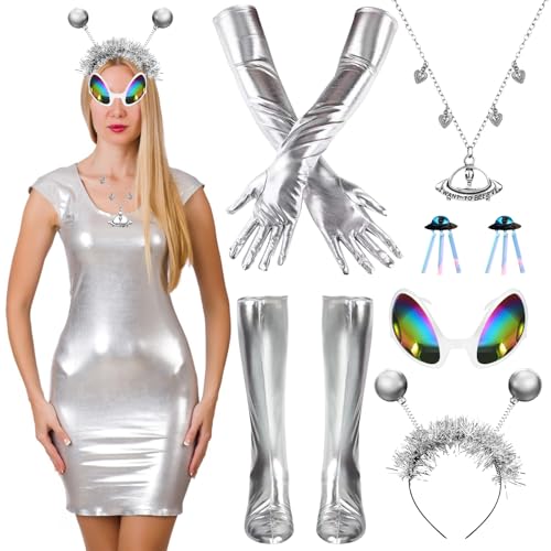 TZQFROCE Alien Accessoires Set 6 Stück Alien Kostüm Damen Alien Kostüm Zubehör Alien Haarreif Alien Brille Silberne Handschuhe für Damen Verkleidung Erwachsene Alien Cosplay Kostümzubehör von TZQFROCE