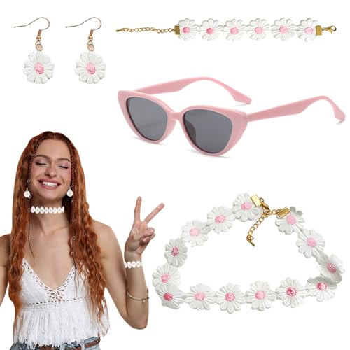 TZQFROCE Hippie Kostüm Zubehör Set Hippie Accessoires Damen 60er 70er Jahre Ankleidezubehör 80er Jahre Outfit Damen Mottoparty Blumenkranz Haare Brillen Armbänder Damen Party Costume von TZQFROCE