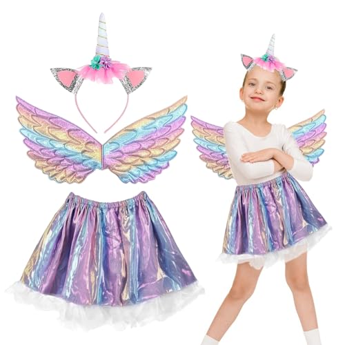 TZQFROCE Regenbogen Einhorn Kostüm Kinder 3tlg Einhorn Kostüm Prinzessin Set Einhorn Kostüm Kinder Einhorn Haarreif Einhorn flügel mit Lila Tutu für 3-7Jahre Kinder Karneval Einhornparty von TZQFROCE