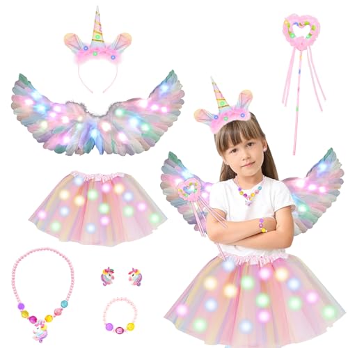 TZQFROCE Einhorn Kostüm Mädchen Leuchtend Einhorn Kostüm Prinzessin Set 8 Stück Kinder Cosplay Kostüme Einhorn Haarreif Zauberstab Einhorn flügel mit Tutu für Karneval Einhornparty Kindergeburtstag von TZQFROCE