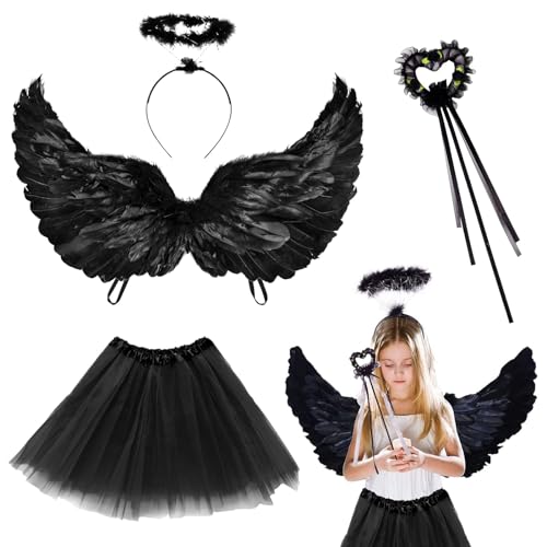 TZQFROCE Engel Kostüm Kinder Schwarz Engelsflügel Kinder Engelsflügel Schwarz Engel Kostüm Kinder für Halloween Fasching Karneval Cosplay Party Kostüme von TZQFROCE