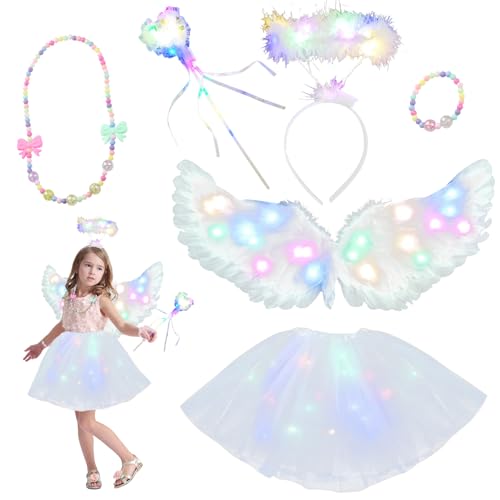 TZQFROCE 5 Stück Engel Kostüm Kinder Weiße Engel Flügel Kostüm Weiße Engelsflügel Deko mit Heiligenschein und Zauberstab Engelsflügel Deko Kostüm für Halloween Karneval Cosplay Party Fasching Kostüme von TZQFROCE