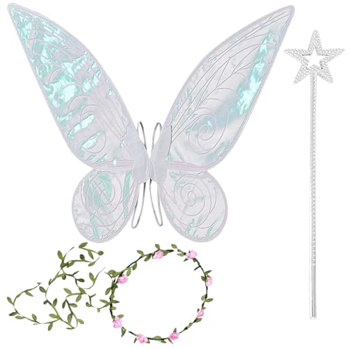 TZQFROCE Feenflügel Erwachsene Feen Kostüm Damen Feenflügel Kinder Feenflügel Damen Schmetterling Kostüm Damen mit Blumenkranz Zauberstab für Mädchen Prinzessin Party Cosplay - Weiß von TZQFROCE