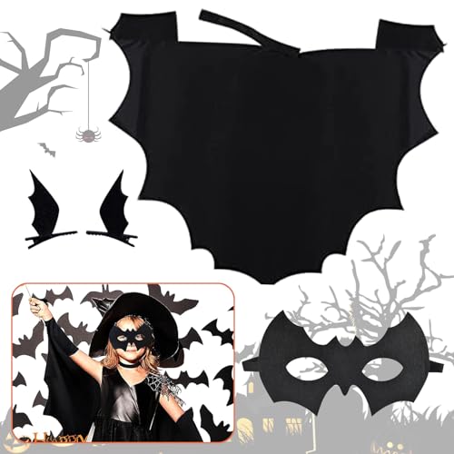 TZQFROCE Fledermaus Kostüm Kinder Halloween Fledermaus Kostüm mädchen Fledermaus Kostüm Set Flügel Umhang + Fledermaus maske + Fledermausflügel Haarspangen für Kinder Halloween Party -120 von TZQFROCE