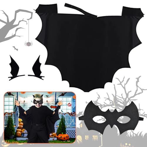 TZQFROCE Fledermaus Kostüm Kinder Fledermauskostüm Vampir Halloween Kostüm Fledermaus Set Flügel Umhang + Fledermaus maske + Fledermausflügel Haarspangen für Kinder Halloween Party - 130 von TZQFROCE