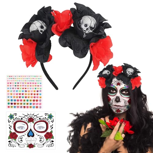 TZQFROCE Haarreif Dia de los Muertos Halloween Haarreif Blumen Haarreif Halloween kostüm Haarschmuck Haarreif Rosen und Totenkopf für Faschingskostüme Halloween Kostüm Karneval Mottoparty von TZQFROCE