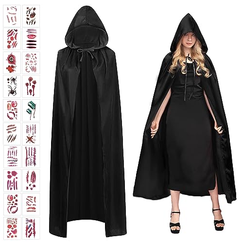 TZQFROCE Halloween Kapuzenumhang Schwarz Halloween Umhang mit Kapuze Hexe Cosplay Zubehör Kinder Kapuzenumhang Schwarz Vampir Umhang für Halloween Karneval Fasching Damen Herren - 120cm von TZQFROCE