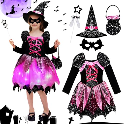 TZQFROCE Mädchen Hexen Kostüm Halloween Kostüm Kinder Hexenkostüm Mädchen mit Lichter Kinder Zauberer verkleiden Cosplay Set für Kinder Halloween Karneval Vorgeben Spielen（110CM） von TZQFROCE