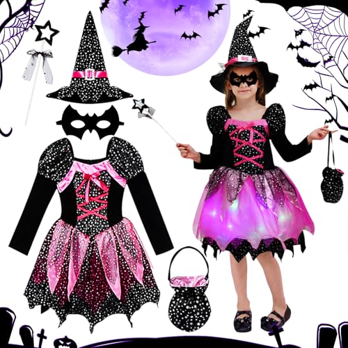 TZQFROCE Hexenkostüm Mädchen mit Lichter Mädchen Hexen Kostüm Halloween Kostüm Kinder Halloween deko Kinder Zauberer verkleiden Cosplay Set für Kinder Halloween Karneval Vorgeben Spielen（120CM） von TZQFROCE