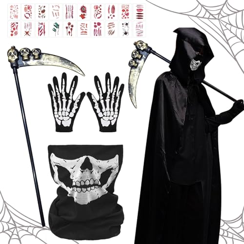 TZQFROCE Halloween Sensenmann Kostüm Damen Herren Horror Sensenmann Umhang mit Sense Skelett Handschuhe Schädelmaske Aufkleber Halloween Schwarzer Umhang für Halloween Cosplay Karneval - 170cm von TZQFROCE