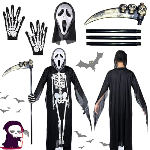 TZQFROCE Sensenmann Kostüm Halloween Kostüm Kinder Sensenmann Kostüm Kinder mit Sense Schädelmaske Handschuhe Sensenmann Maske Sensenmann Kostüm für Halloween Cosplay von TZQFROCE