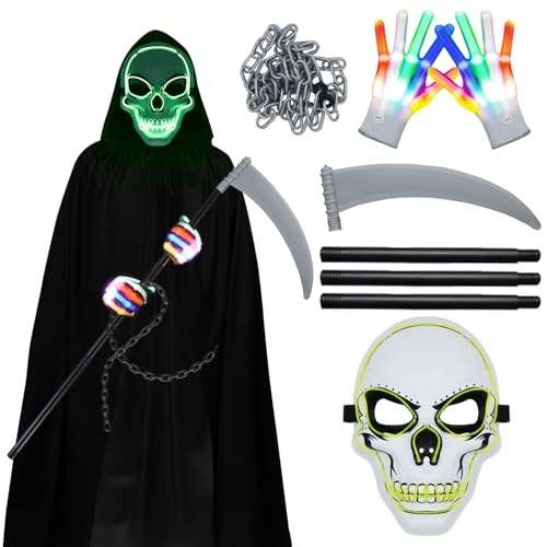 TZQFROCE Halloween Sensenmann Kostüm 5 Stücke Sensenmann Kostüm Set mit Sensenmann maske, Sense, Handschuhe und Kette, Schwarz mit Kapuze, Halloween Kostüm Halloween Dekoration Cosplay - 170cm von TZQFROCE