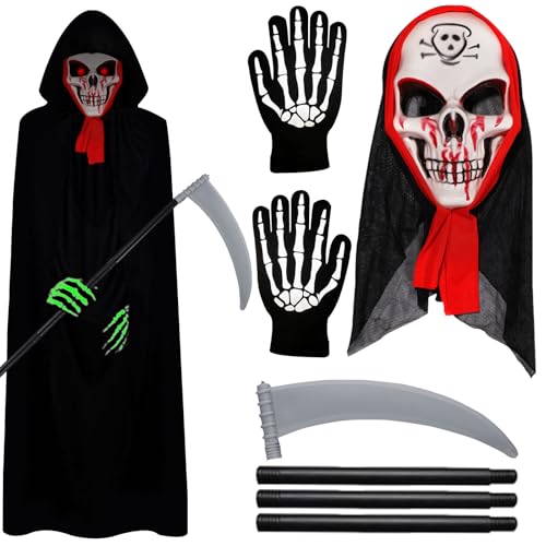 TZQFROCE Sensenmann Kostüm 4 Stücke Halloween Sensenmann Kostüm mit Schädelmaske Sense Skelett Handschuhe Sensenmann Umhang mit Kapuze Halloween Kostüm für Halloween MaskeradeFamilienfeier von TZQFROCE