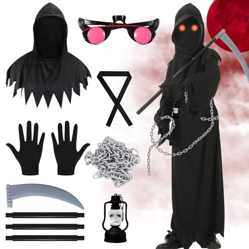 TZQFROCE Sensenmann Kostüm 8 Pcs Halloween Kostüm Kinder Sensenmann Halloween Deko Sensenmann Kostüm Set mit Brille Sense für Halloween Party Karneval Cosplay(100CM) von TZQFROCE