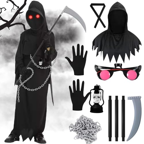 TZQFROCE Halloween Leuchtenden Kostüm Sensenmann Kostüm Sensemann Umhang Set Sensenmann Kostüm Kinder für Party Karneval Cosplay von TZQFROCE