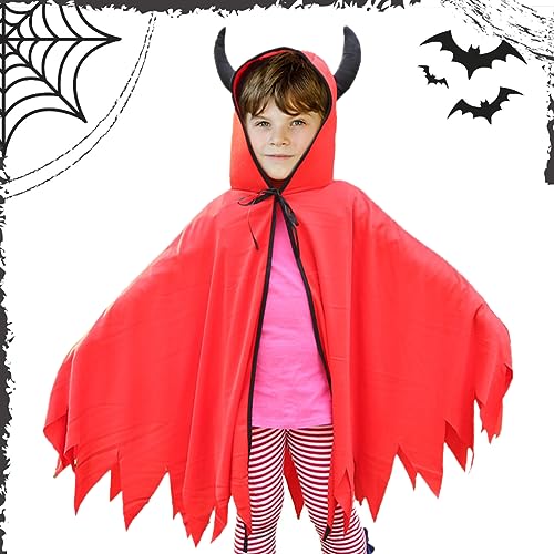 TZQFROCE Halloween Teufel Kinder Teufelshörner Kostüm Rot Teufel Umhang mit Kapuze Teufelskostüm Teufel Kostüm für Halloween Cosplay Karneval Kostüm Geburtstagsparty von TZQFROCE