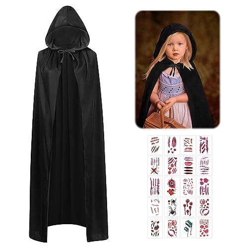 TZQFROCE Halloween Umhang mit Kapuze Halloween Schwarz Umhang Hexe Cosplay Zubehör Kinder Kapuzenumhang Schwarz Vampir Umhang für Halloween Karneval Fasching Damen Herren - 90cm von TZQFROCE