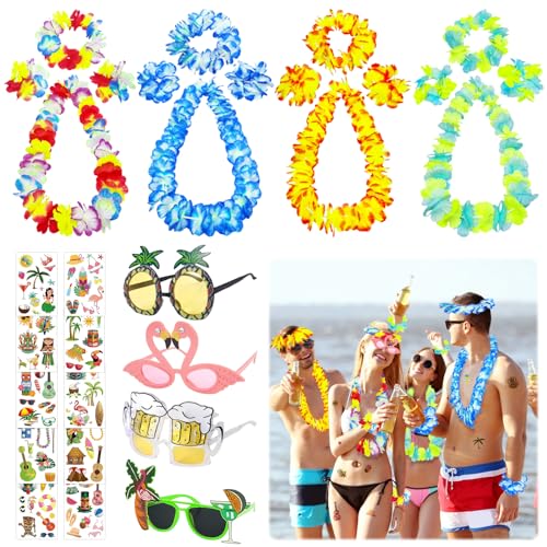 TZQFROCE Party Brillen 18 Stück Hawaii Kette Blumen Hawaii Deko Blumen Hawaii Party Deko mit Hawaiian Sonnenbrillen Hawaiian Tattoo Blumenketten Hawaiianische für Hawaiian Party Zubehör von TZQFROCE