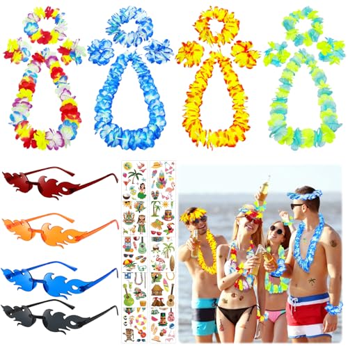 TZQFROCE 18 Stück Hawaii Kette Set Party Brillen Hawaii Party Deko Hawaii Kette Blumen Party Sonnenbrille Hawaiian Tattoo Blumenketten Hawaii für Maskerade Summer Party Musikfestival von TZQFROCE