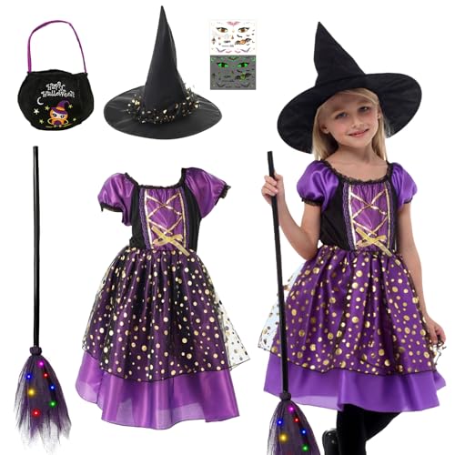 TZQFROCE Hexenkostüm Kinder Halloween Kostüm Kinder Mädchen mit Hexenhut, Tasche und Hexenbesen Kin-der Hexe Verkleidung Mädchen Halloween Fasching Karneval Party Bekleidung TZQFROCE Hexenkostüm Kinder Halloween Kostüm Kinder Mädchen mit Hexenhut, Tasche und Hexenbesen Kin-der Hexe Verkleidung Mädchen Halloween Fasching Karneval Party Bekleidung von TZQFROCE