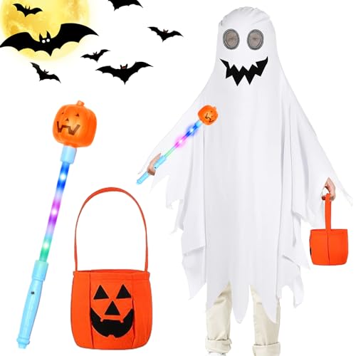 TZQFROCE Halloween Kostüm Kinder Geisterumhang Halloween Kinder Gespenst Kostüm Kinder Halloween Geister Kostüm mit Kürbis Stock und Kürbis Tasche für Jungen Mädchen Cosplay Mottoparty von TZQFROCE