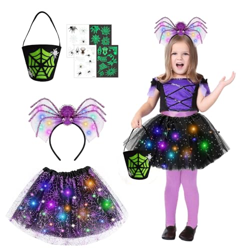 TZQFROCE Kostüm Spinne Kinder Mädchen mit Lichter Hexenkostüm Kinder mit LED Kopfschmuck,LED Tüllrock und Tragetasche für Halloween Cosplay Party Karneval Fasching Maskerade TZQFROCE Kostüm Spinne Kinder Mädchen mit Lichter Hexenkostüm Kinder mit LED Kopfschmuck,LED Tüllrock und Tragetasche für Halloween Cosplay Party Karneval Fasching Maskerade von TZQFROCE