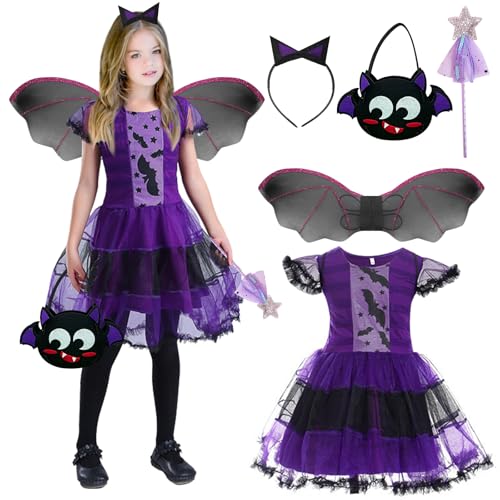 TZQFROCE Fledermaus Kostüm Mädchen Hexenkostüm Kinder Mädchen Fledermaus Halloween Kostüm mit Kopfschmuck，Fledermausflügel und fledermaus kleid für Halloween Cosplay Party Karneval Fasching Maskerade von TZQFROCE