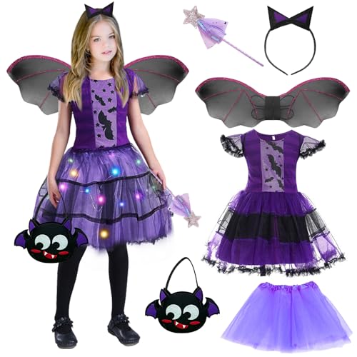 TZQFROCE Mädchen Fledermaus Halloween Kostüm mit Lichter Fledermaus kostüm Mädchen mit Kopfschmuck，Fledermausflügel und fledermaus kleid für Halloween Cosplay Party Karneval Fasching Maskerade von TZQFROCE