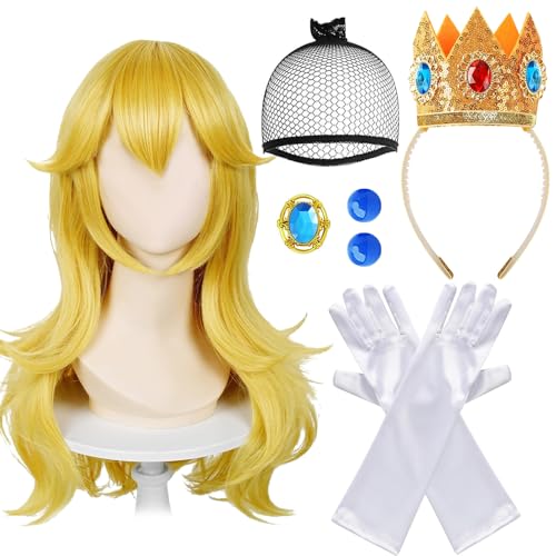 TZQFROCE Perücke Prinzessin Damen Mädchen Princess Peach Cosplay Perücke Prinzessin Kostüme Set Princess Costume Accessories Prinzessin Peach Zubehör für Mädchen 2-9 Jahre Dekoration Tanzpartys von TZQFROCE