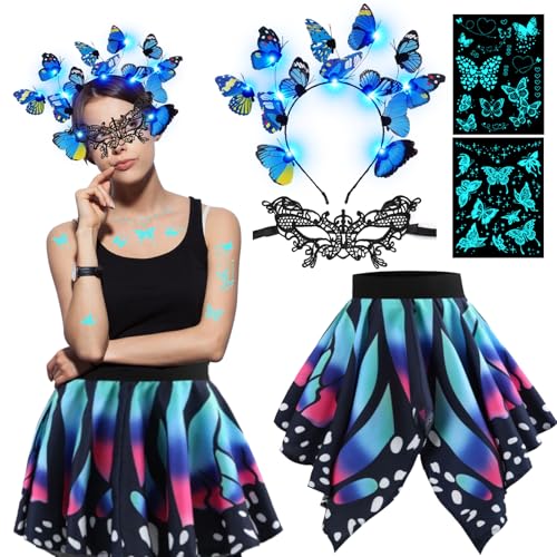 TZQFROCE Schmetterling Kostüm Damen Rock Damen Schmetterling Karneval Kostüm Schmetterlings mit LED Schmetterling Haarreif,Augenmaske Karneval Kostüm Damen für Fasching Mottoparty Cosplay（L） von TZQFROCE