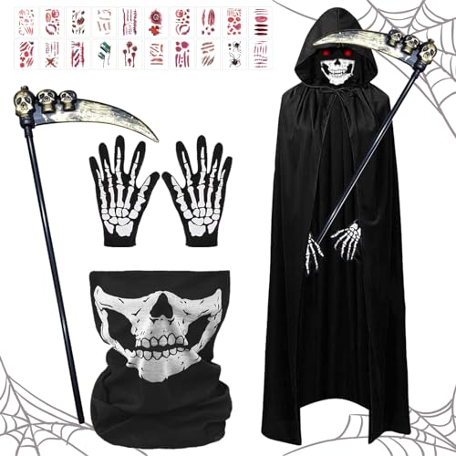 TZQFROCE Sensenmann Kostüm 120cm Halloween Kostüm Kinder Halloween Sensenmann Umhang mit Skelett Sensenmann Kostüm Kinder Halloween Umhang Set für Halloween Party Cosplay von TZQFROCE