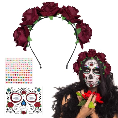 TZQFROCE Tag der Toten Rosen Haarreif Halloween Haarreif Blumen Haarreif Dia de los Muertos Halloween kostüm Haarschmuck für Faschingskostüme Halloween Kostüm Karneval Mottoparty von TZQFROCE