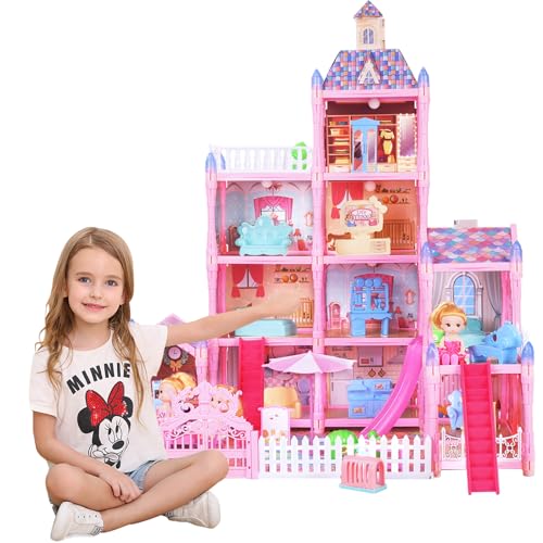 TaFoyu Rosa Kunststoff Puppenhaus,Barbie's Traumvilla,Puppenhaus 4 Schichten DIY,Spielzeug-Set (mit Lichtern und Zubehör),Spielzeug für Kinder über DREI Jahre alt,Geschenk bevorzugt, Lernspielzeu von TaFoyu