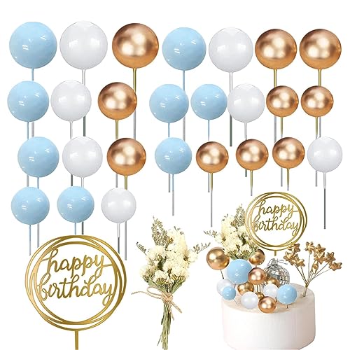 Goldenes Kugeln Tortendeko Set, 44 Stück Happy Birthday Tortendeko Set Hochzeit Cake Topper mit Getrocknete Blumen für Geburtstag Hochzeit Babyparty Jubiläum Party Feier (Blau) von Taasmoog