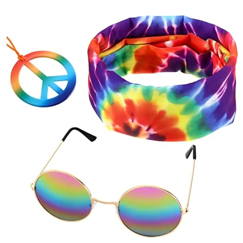 Tabanzhe 3-teiliges Hippie-Kostüm-Set für Halloween, Sonnenblumen-Haarband, Frieden-Halskette, Kreis, Hippie-Sonnenbrillen-Set, 60er-, 70er-Jahre-Kostüm, Dressing-Zubehör, Disco-Stil, Outfit, von Tabanzhe