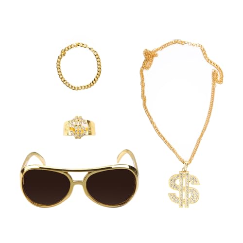 Tabanzhe Hip-Hop-Kostüm-Set, 4-teilig, 80er-/90er-Jahre, Hip-Hop-Rapper-Zubehör-Set für Männer und Frauen, goldfarbene Dollarzeichen-Halskette, Sonnenbrille, Armband, Ring für Disko-Thema, von Tabanzhe