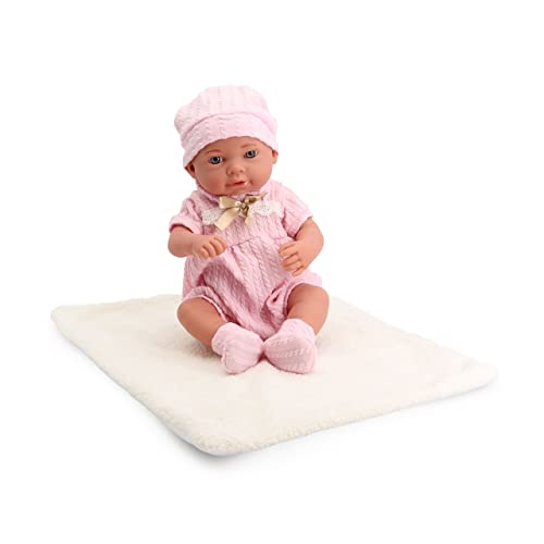 Tachan - Babypuppe, 40 cm, mit rosa gestricktem Frosch, Mütze und gestrickten Socken, mit Lammfell-Decke, realistischer Körperbau, bewegliche Gliedmaßen (CPA Toy Group Trading S.L. 788T00631) von Tachan