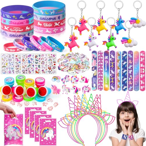 118Stk Einhorn Party Mitgebsel Kindergeburtstag Mädchen Gastgeschenke mit Einhorn Haarreif Schnapparmband Schlüsselanhänger Ringe Stempel Aufkleber Geschenktüten Einhorn Mitbringsel Give Aways von Tacobear