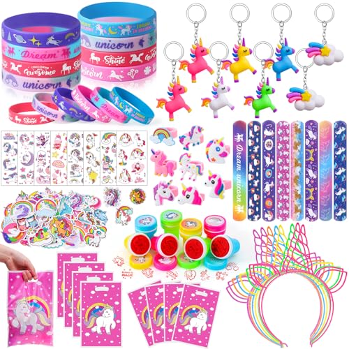 118Stk Einhorn Party Mitgebsel Kindergeburtstag Mädchen Gastgeschenke mit Einhorn Haarreif Schnapparmband Schlüsselanhänger Ringe Stempel Aufkleber Tattoos Geschenktüten Geburtstag Give Aways von Tacobear