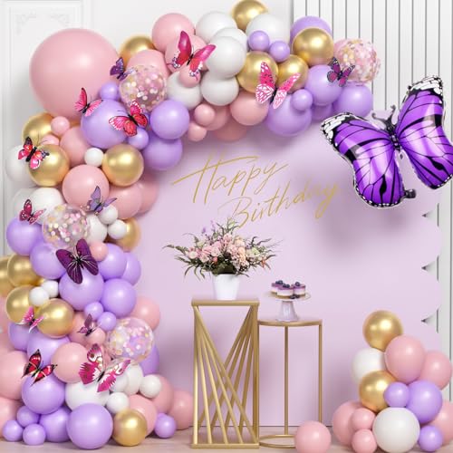 Schmetterling Geburtstagsdeko Mädchen Party Deko mit Pastell Luftballons Girlande 70 * 54cm Schmetterling Folienballon 3D Aufkleber Birthday Decorations Kindergeburtstag Dekoration für Mädchen Kinder von Tacobear