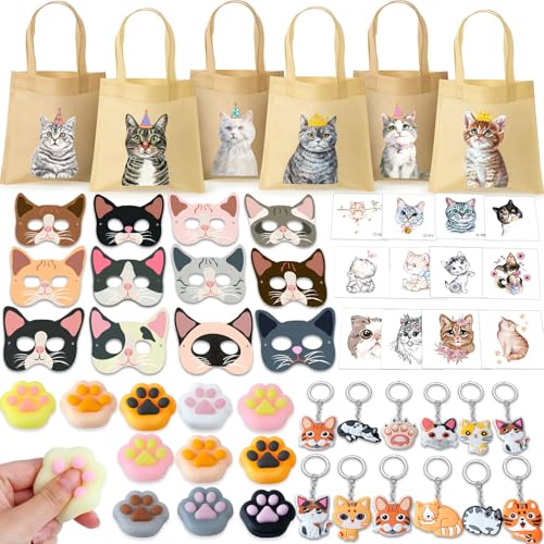 60Stk Katze Party Mitgebsel Kindergeburtstag Gastgeschenke Geschenktüten Maske Squishy Schlüsselanhänger Tattoo Sticker Pinata Füllung Give Aways Mitbringsel Spielzeug Klein Geschenke Kinder Mädchen von Tacobear