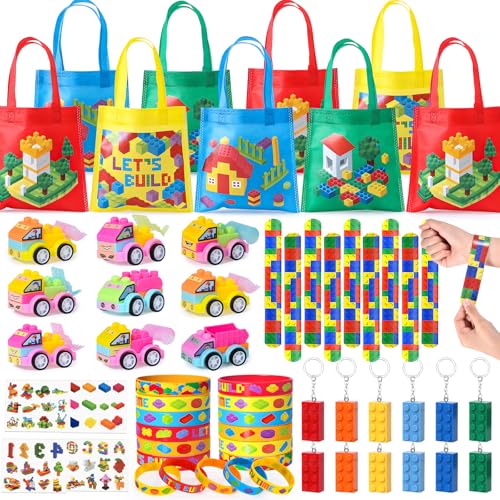 Bausteine Party Mitgebsel Kindergeburtstag Junge Gastgeschenke mit Bauklötze Schnapparmband Silikonarmband Schlüsselanhänger Spielzeugautos Tattoos Partytüten Geschenktüten Give Aways für Kinder von Tacobear