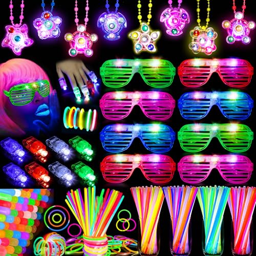 Knicklichter Mitgebsel Kindergeburtstag Gastgeschenke Leuchtstäbe LED Brille Halsketten Fingerlichter Neon Schwarzlicht 80s 90s Deko Disco Pinata Füllung Give Aways Mitbringsel Geburtstag 74Stk von Tacobear