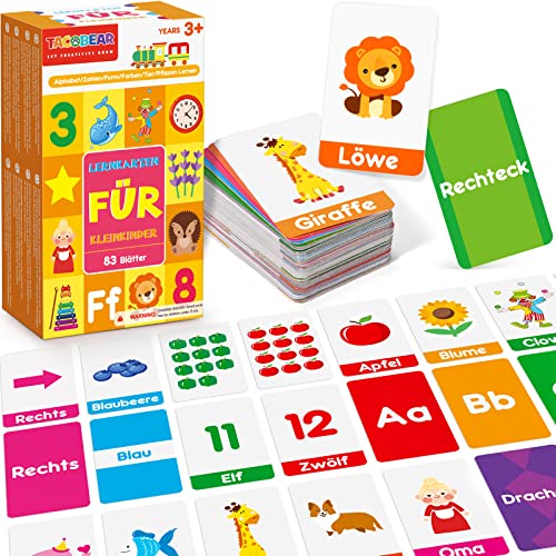 Lernkarten Kinder Lernkarteikarten zur Sprachförderung 83Stk. Farben/Formen/Zahlen/Tieren/Pflanzen/Alphabet/Buchstaben Lernen Vorschule Lernspielzeug für Kleinkind Kinder 2 3 4 5 6 Jahren von Tacobear