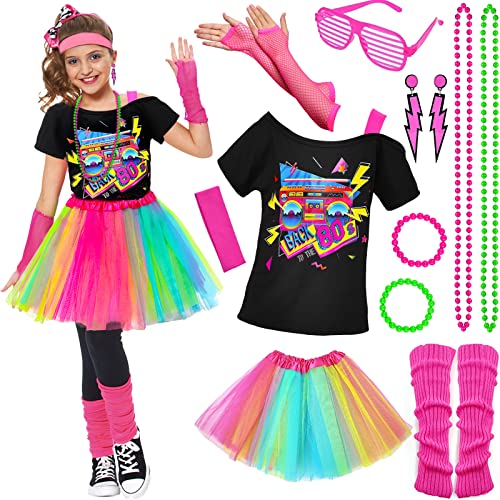 80er Jahre Outfit für Kinder Mädchen 80er Jahre Accessoires T-Shirt, Tutu, Stirnband, Neon Ohrringe, Halskette, Armband, Beinlinge, Netzhandschuhe, Brille für Mädchen 10 11 12 13 14 15 16 17 18 Jahre von Tacobear